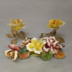Capodimonte Porcelain Yellow Roses Flower Bouquet Metal Stem Vintage Italy 7”